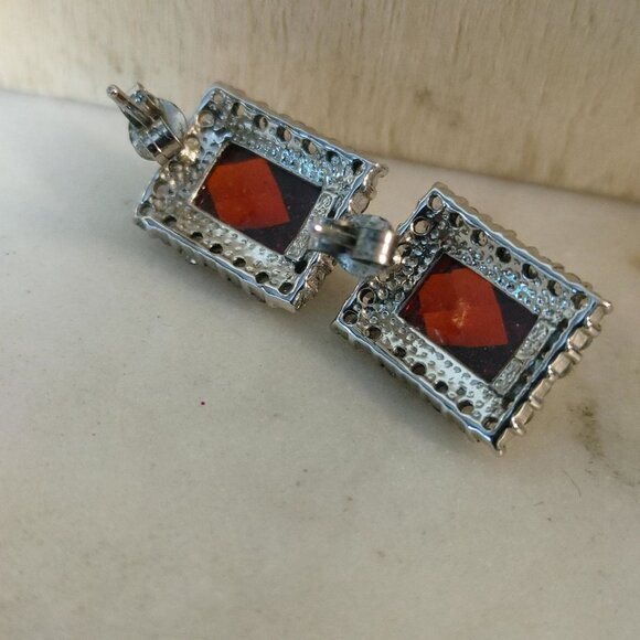 Garnet Earrings Sterling Silver 925 Vintage Square Red Bold Elegant Gemstones - Picture 3 of 9